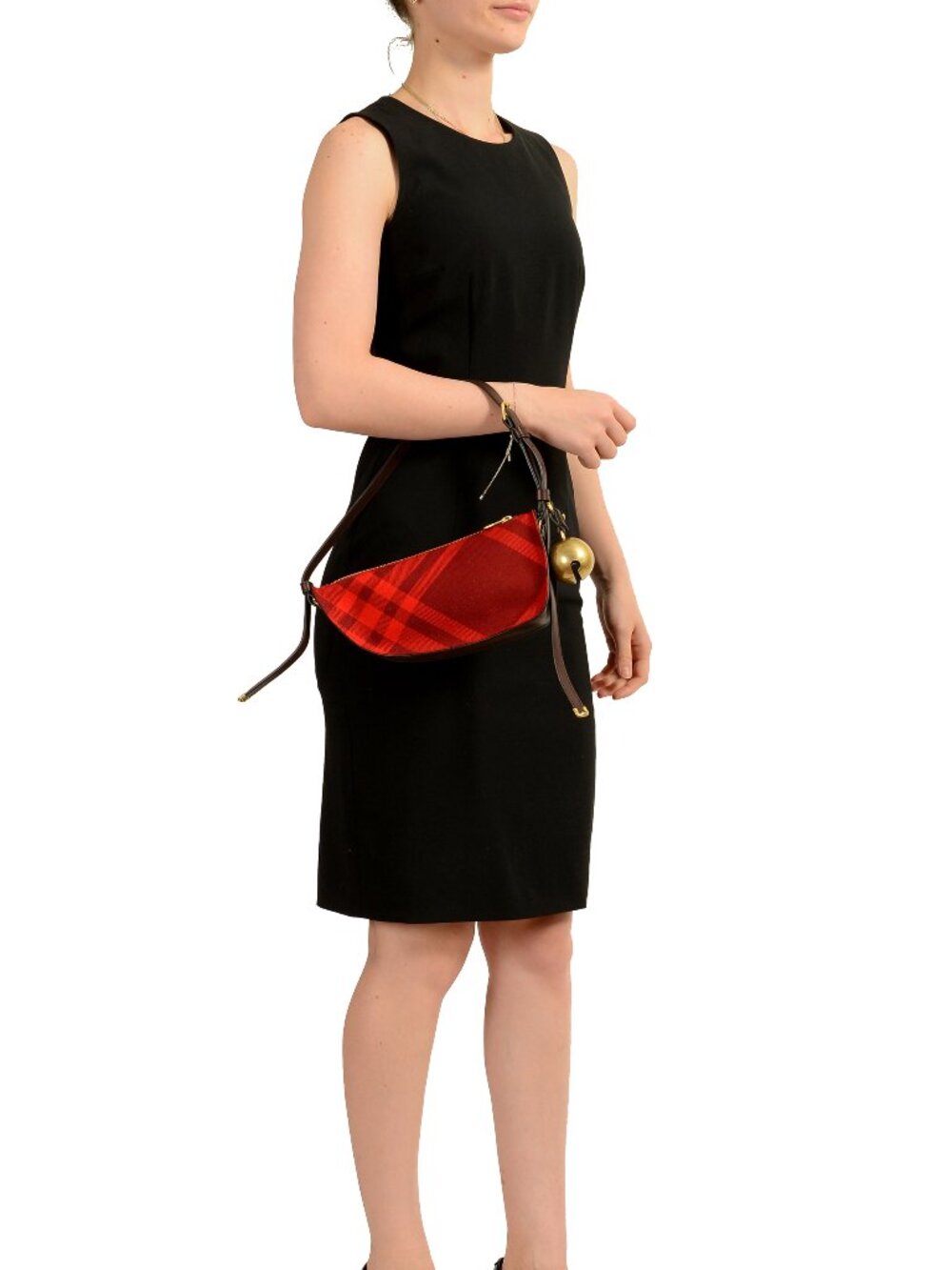 Burberry "Ls Knit Baguette" Leather Trimmed Scarlet Plaid Handbag Shoulder Bag - Picture 7 of 7